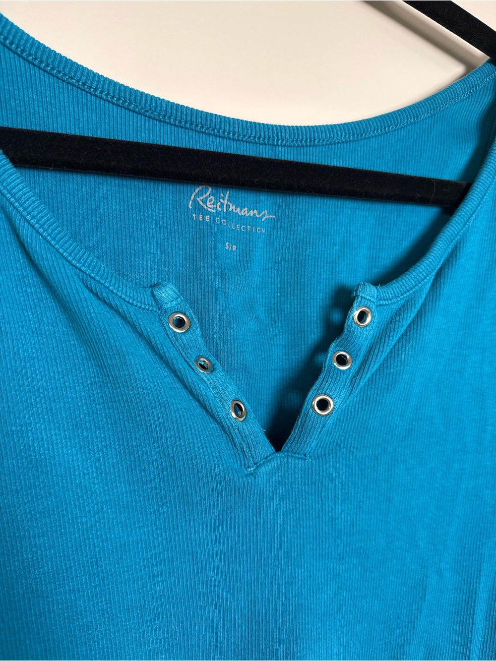 Reitmans Bright Teal Ribbed Short Sleeve Henley - Picture 2 of 4